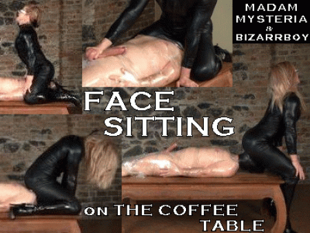 Facesitting On The Coffee Table - Bizarrboy, wrapped in cling film, lies on the coffee table. Mysteria facesits him front and reverse, squeezes his balls and slaps his face.../ Hd