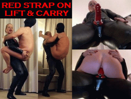 Red Strap On  Lift  Carry - Madam mysteria, dressed in black shiny catsuit, shows off her red strap-on from very close range. She relaxes on the sofa and bizarrboy sits on her red strap-on. Mysteria fucks him, then lifts and carries him.../ Hd