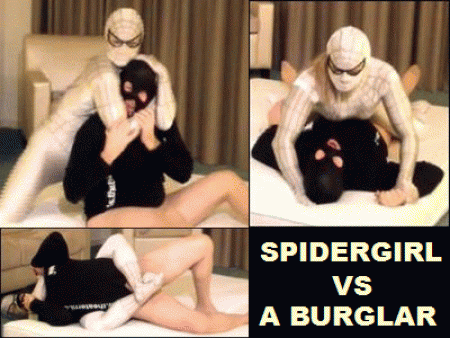 Spidergirl Vs A Burglar - Spidergirl returns home after a night out and finds a burglar in her bedroom. A big surprise for the burglar! She overpowers him and gives him a good beating. He gets a hard kick to his balls and punches to his body and face. She wrestles him and pins him to the floor and makes him remove his trousers. Suddenly he is a small, weak guy in pantyhose. Spidergirl can do whatever she likes with him, he doesn't stand a chance against her power....

hd mp4 - 1280x720p